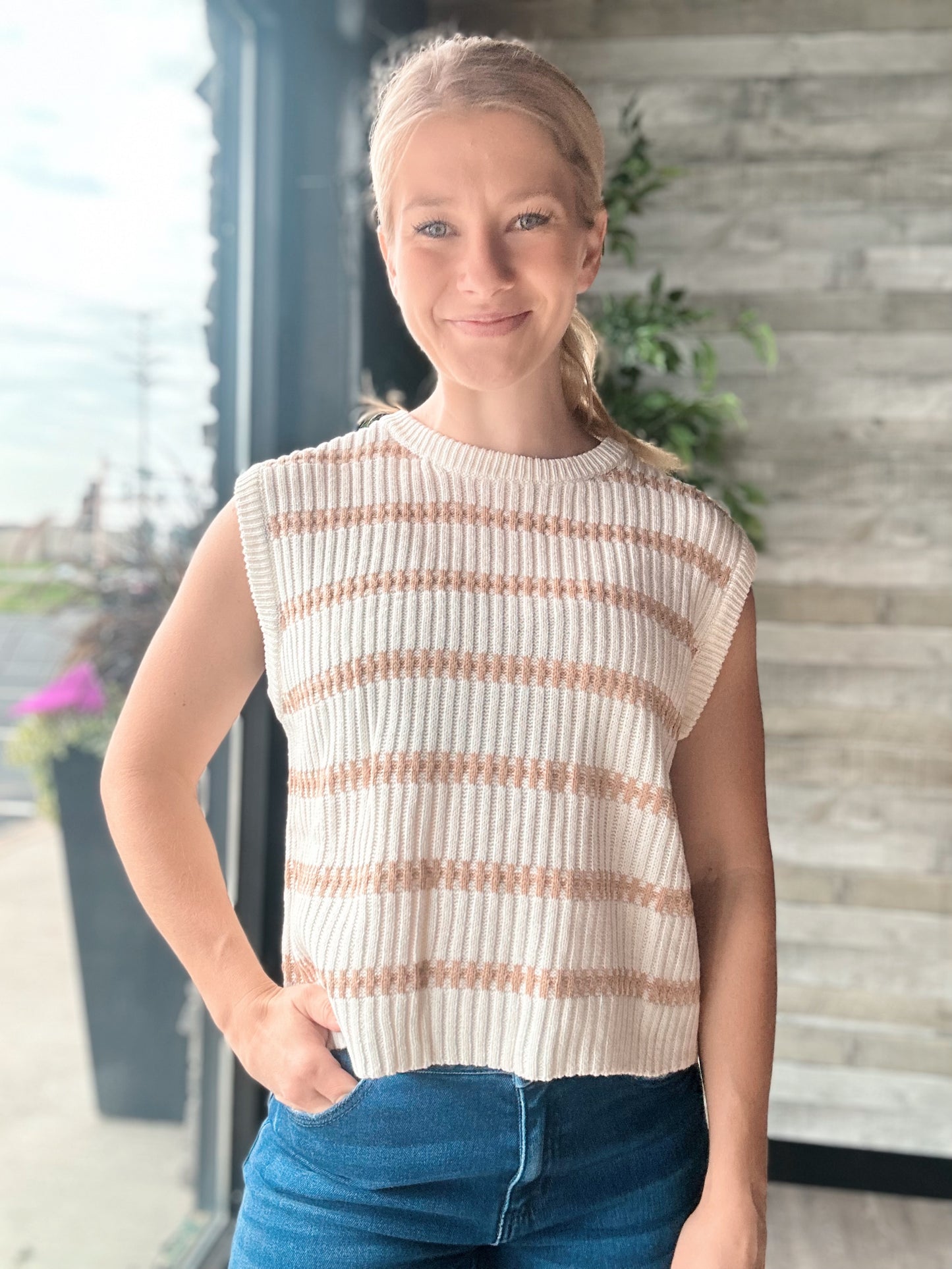 Crew Neck Striped Knit Tank Top