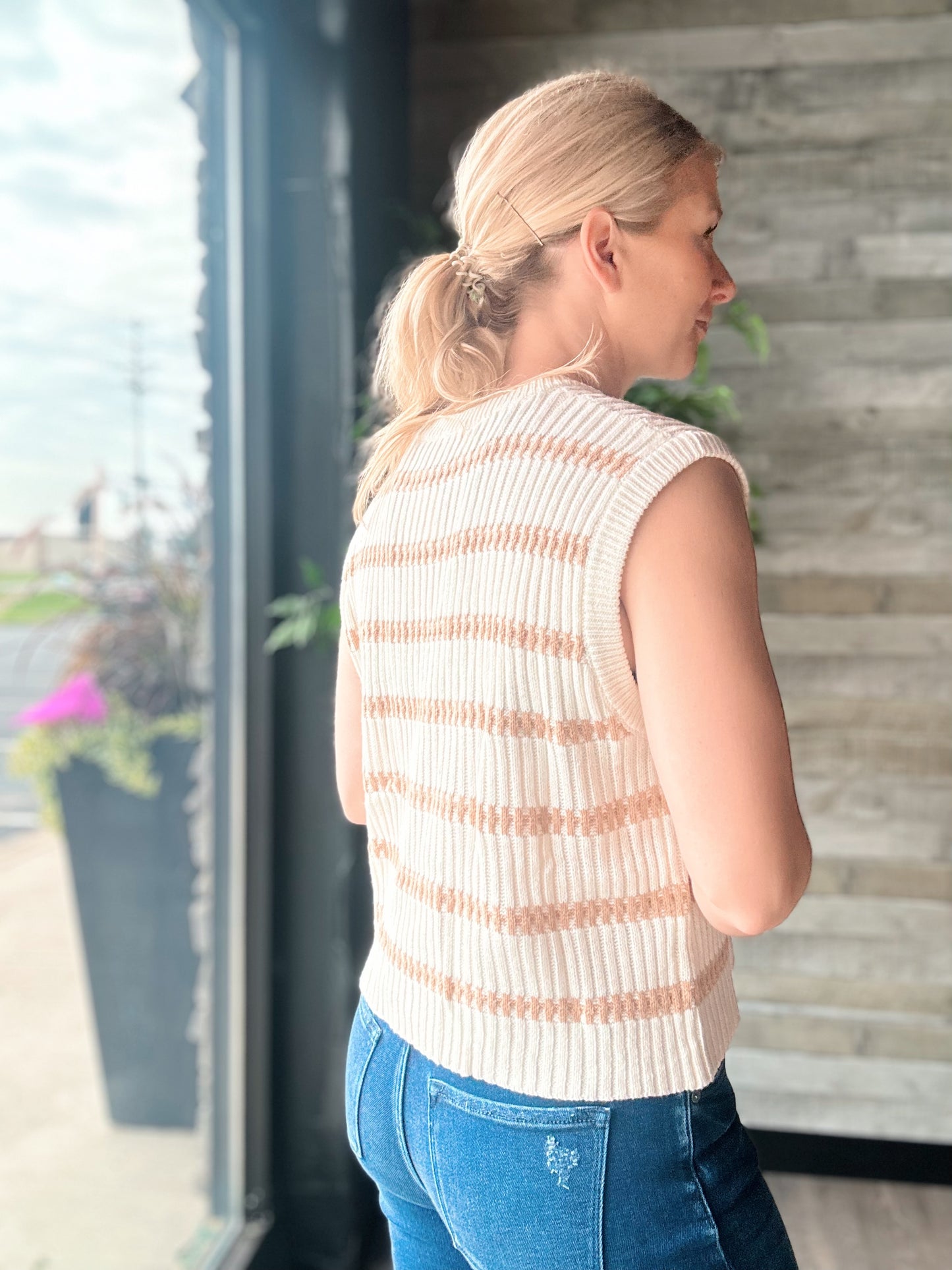 Crew Neck Striped Knit Tank Top