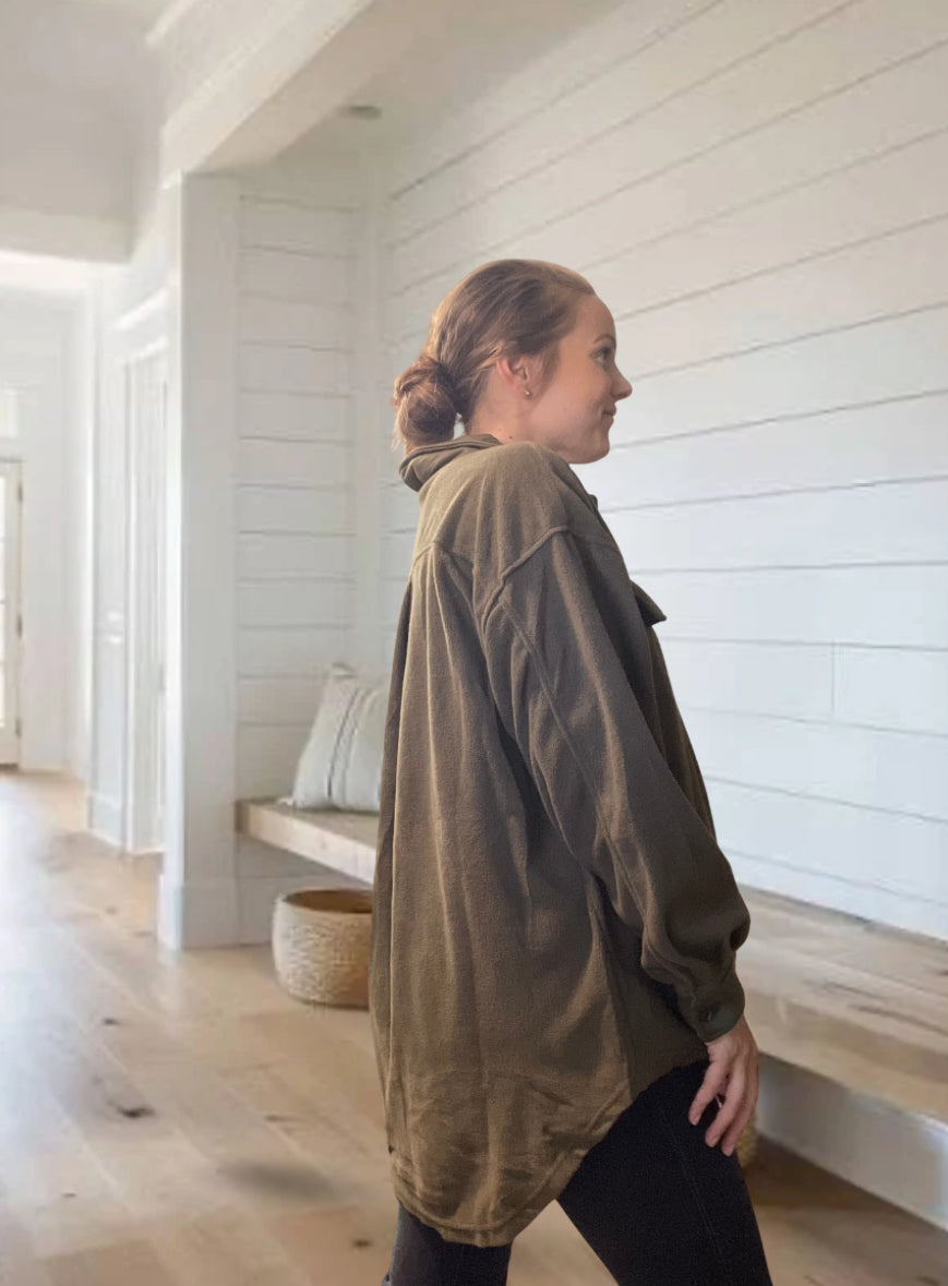 Loose Fit Button Down Long Sleeve Fleece Shacket