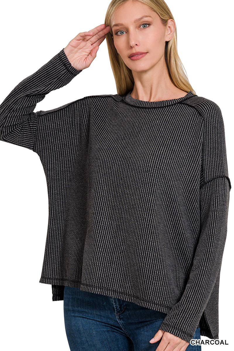 Corded Rib Raw Edge Long Sleeve Top