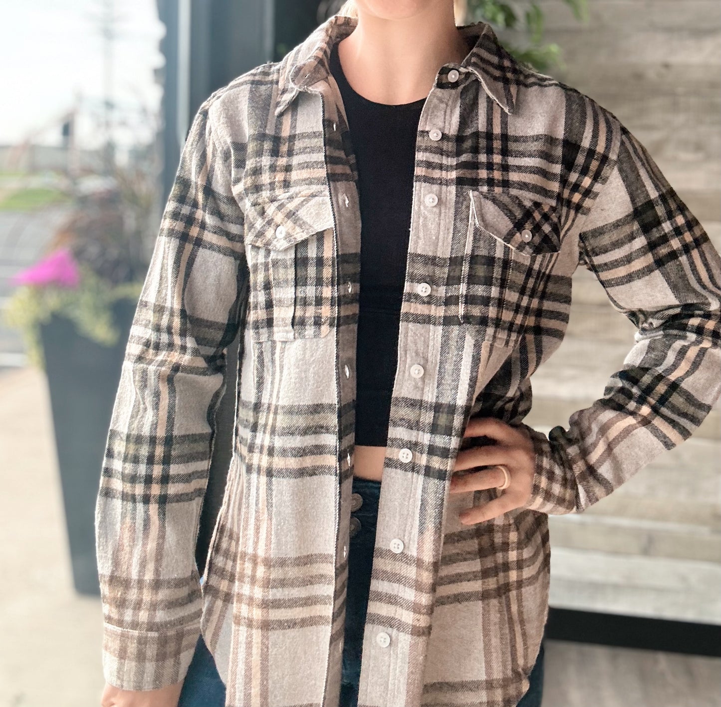 Gray, Tan & Olive Plaid Flannel