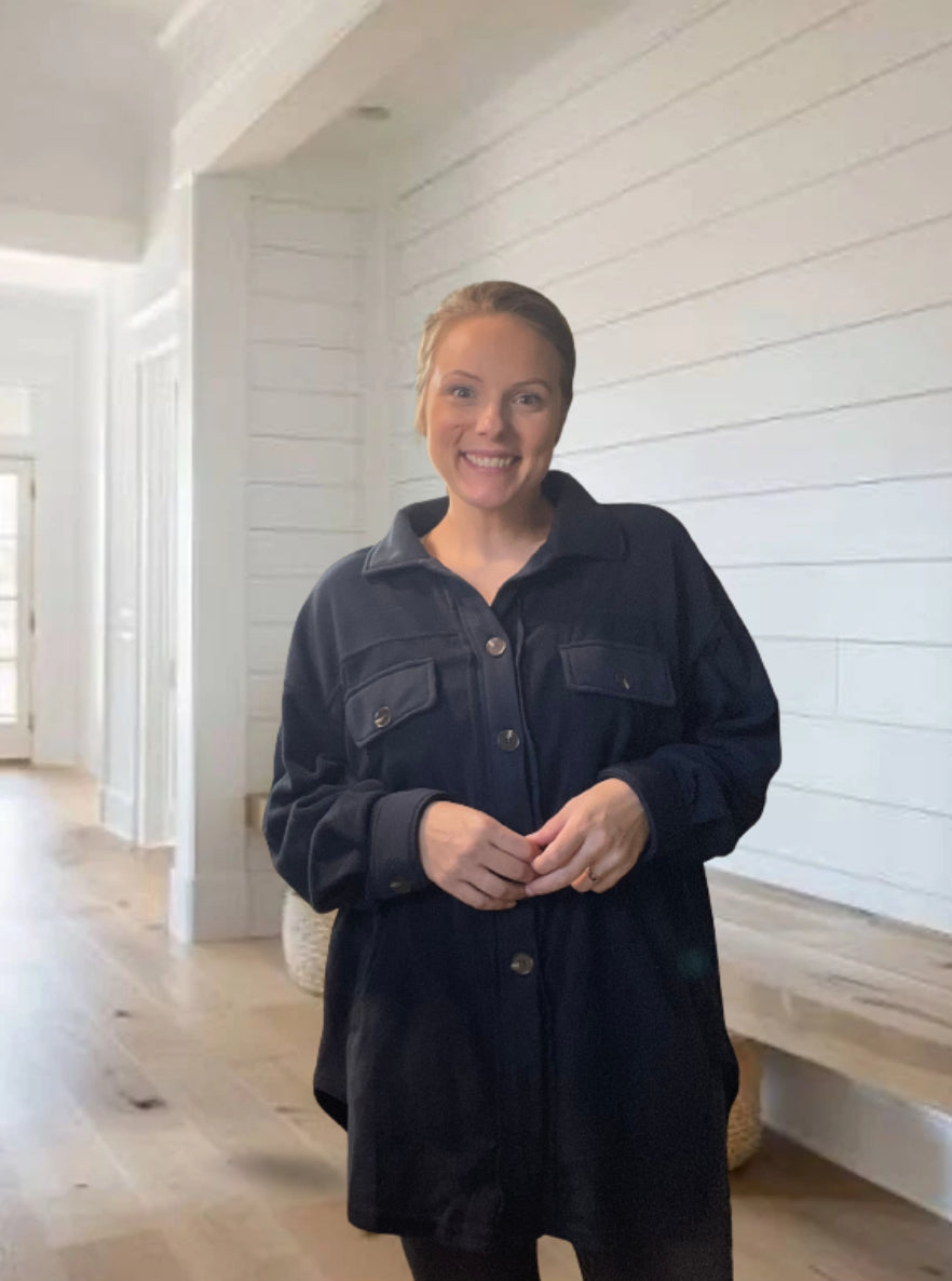 Loose Fit Button Down Long Sleeve Fleece Shacket