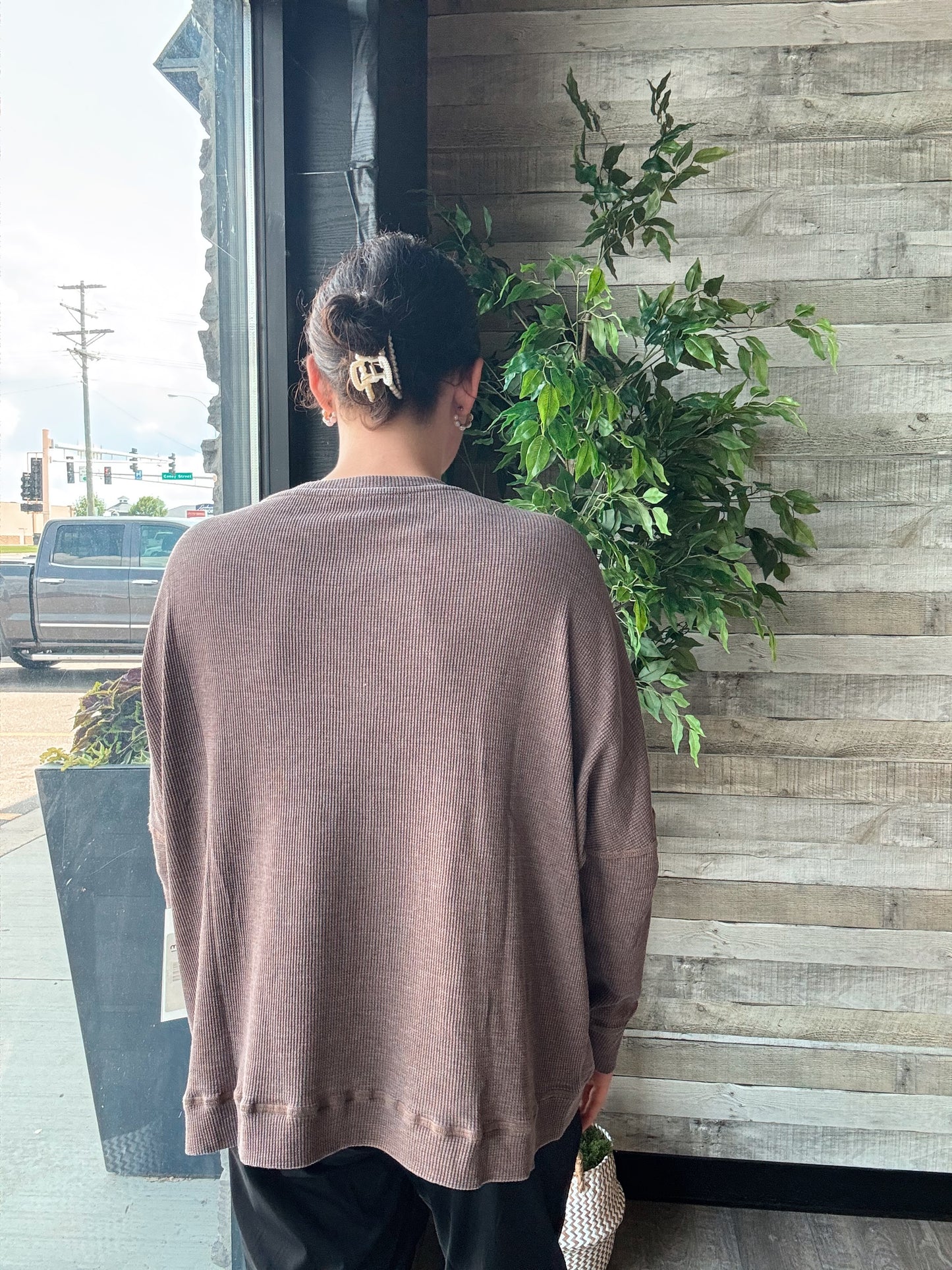 Waffle Ribbed Roundneck Pullover