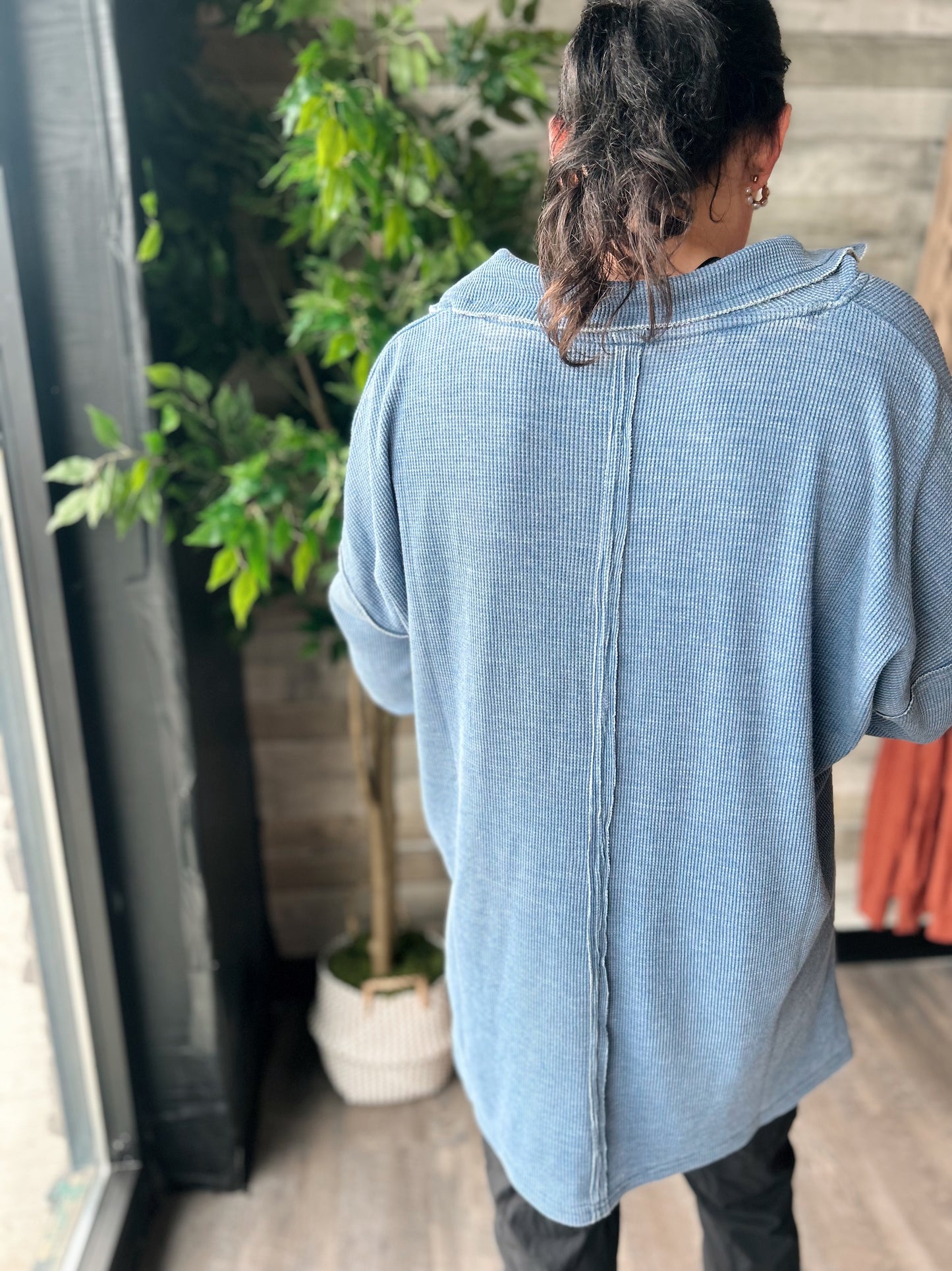 Cotton Blend Waffle Knit Oversized Collared Long Sleeve