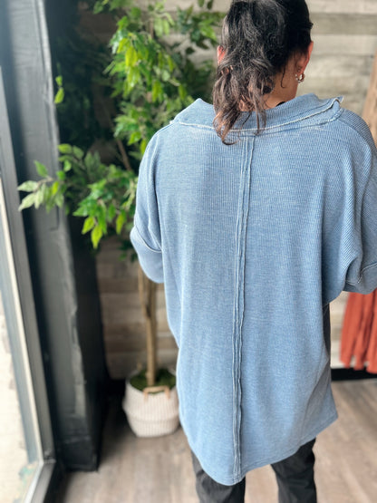 Cotton Blend Waffle Knit Oversized Collared Long Sleeve