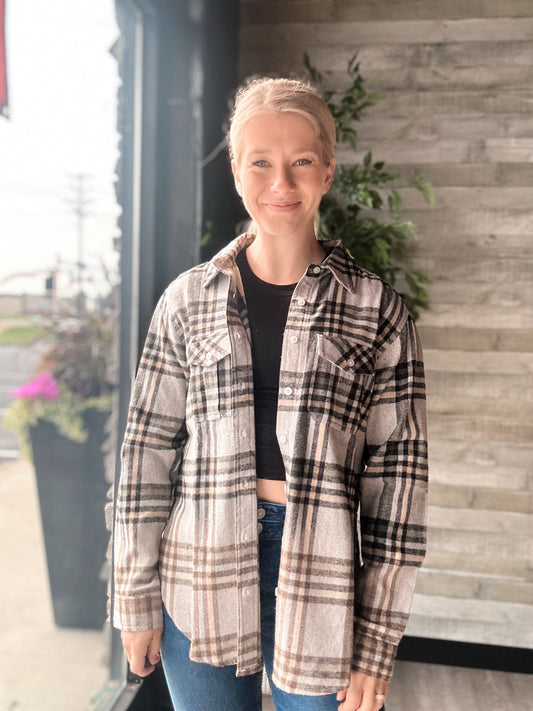 Gray, Tan & Olive Plaid Flannel
