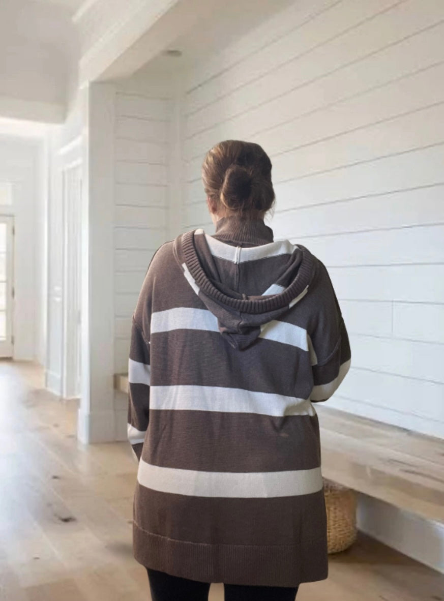 MOCK NECK STRIPED HOODED KNIT SWEATER