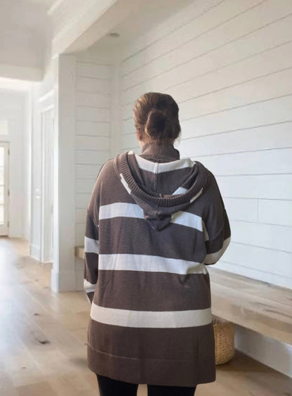 MOCK NECK STRIPED HOODED KNIT SWEATER