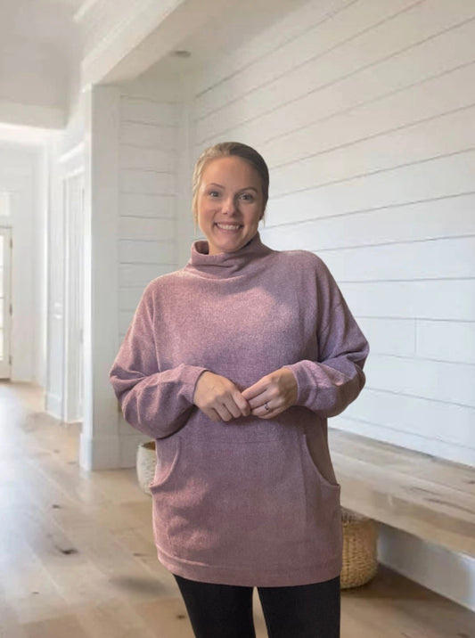 MOCK NECK RIBBED KNIT TUNIC SWEATER