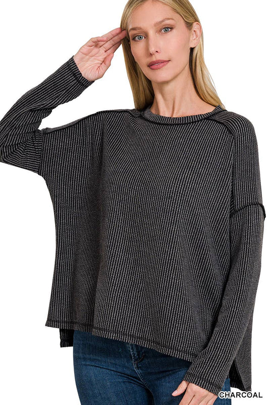 Corded Rib Raw Edge Long Sleeve Top
