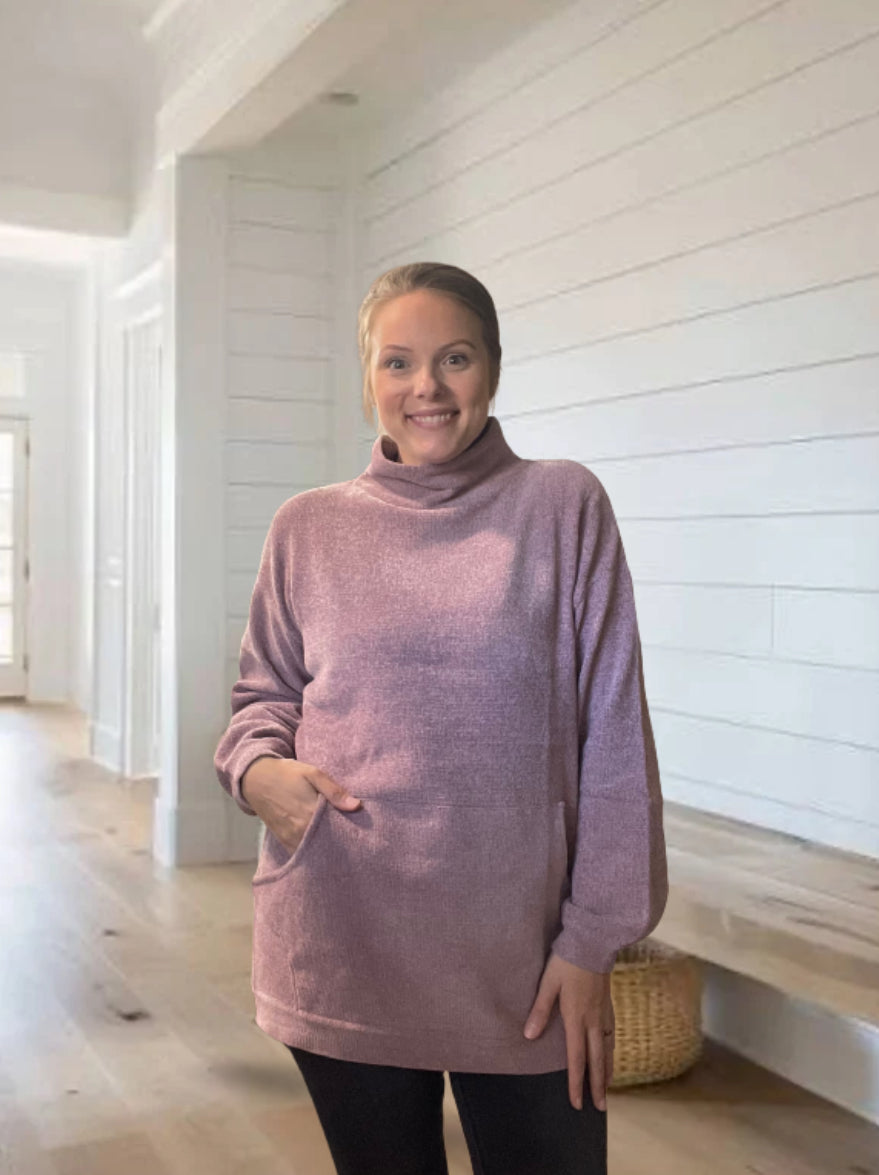 MOCK NECK RIBBED KNIT TUNIC SWEATER