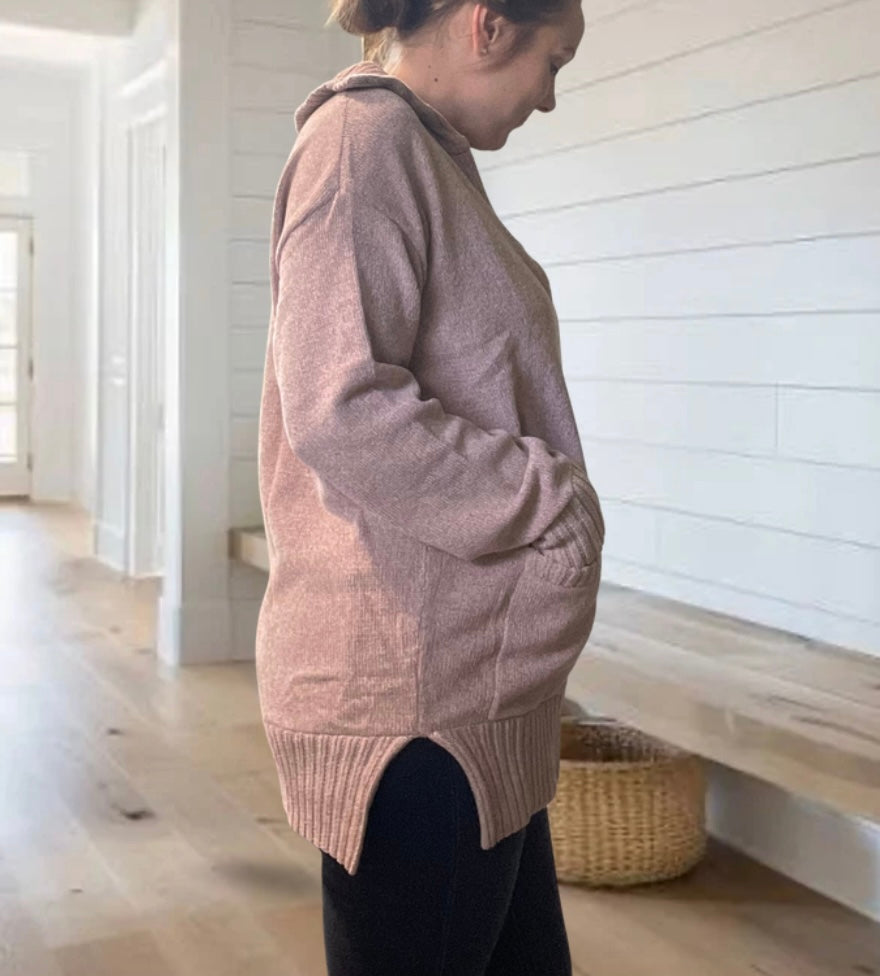 FRONT FLAP COLLAR RIBBED KNIT SWEATER PULLOVER