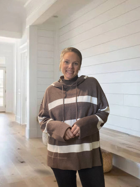 MOCK NECK STRIPED HOODED KNIT SWEATER
