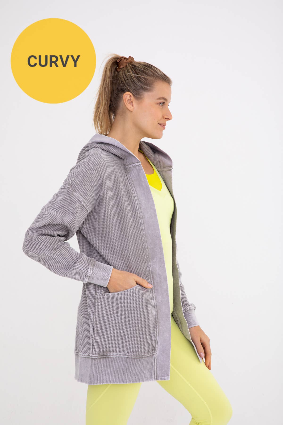 CURVY Waffle Knit Mineral-Washed Cardigan