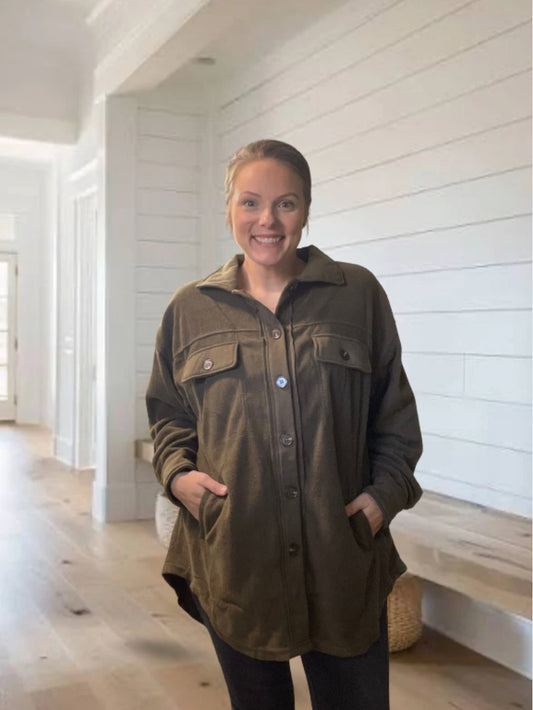 Loose Fit Button Down Long Sleeve Fleece Shacket